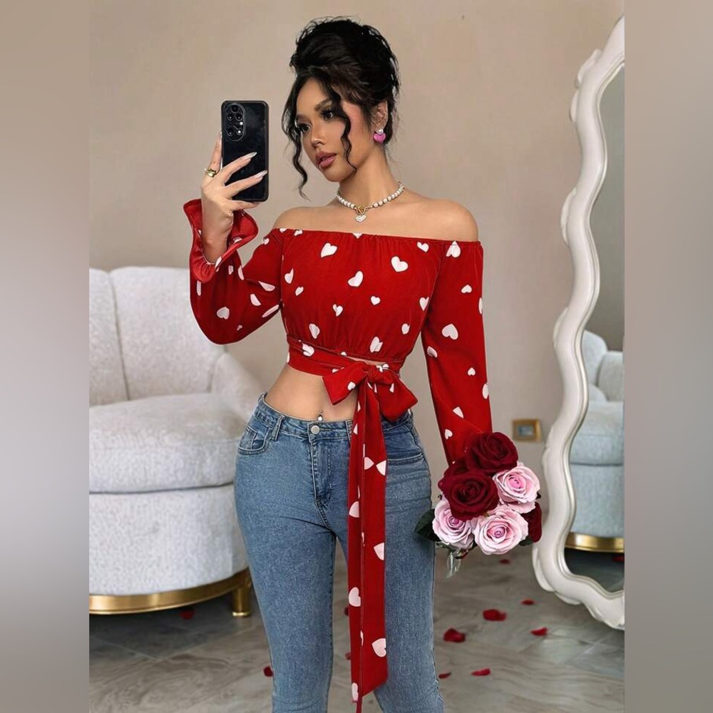 Women Heart Print Off Shoulder Bowknot Tie Blouse Spring/Summer